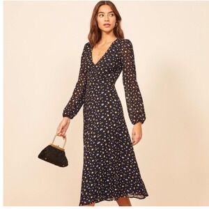 Reformation Joy Midi Dress Black Posie‎ Floral Open Back 4 Cottagecore Coquette